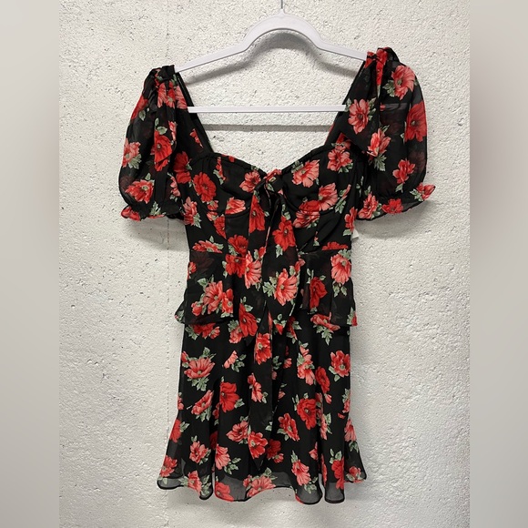 Lioness Dress Brooklyn Black Red Floral Print Fit & Flare Mini Corset Size XS - Picture 3 of 9